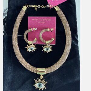 Kurt Geiger Signature Evil Eye Pendant Golden Collar Rope Necklace Earring Set